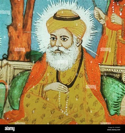 Detail of a painting of Guru Nanak seated with Bhai Bala and Bhai ...