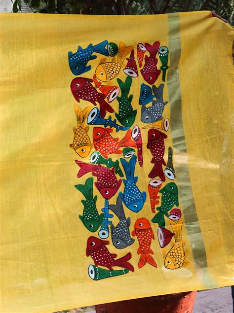 Hand Painted Dupatta With Patachitra Fish Motif (Yellow) – Mogli ...