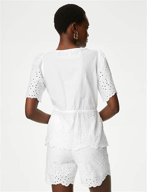 Buy Pure Cotton Broderie V-Neck Tie Front Blouse at Marks & Spencer