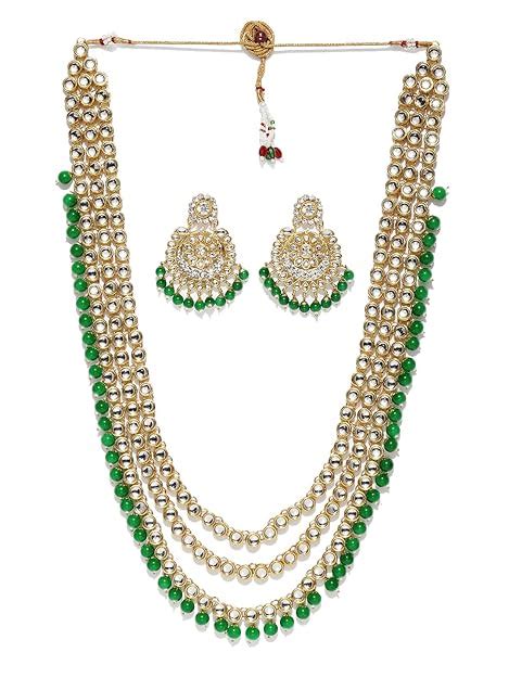 ZAVERI PEARLS Kundan & Dangling Green Beads Multi Layered Jewellery Set ...