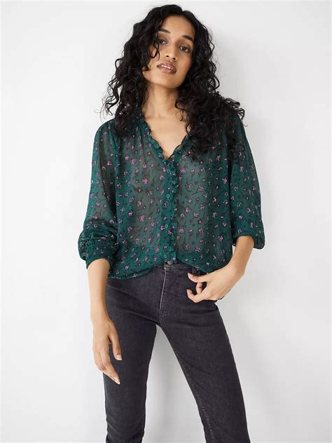 HUSH Emilie V-Neck Blouse, Green/Pink Floral at John Lewis & Partners