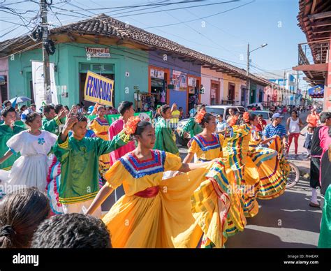 Carnival parade with dancing People in Granada, Nicaragua Stock Photo ...