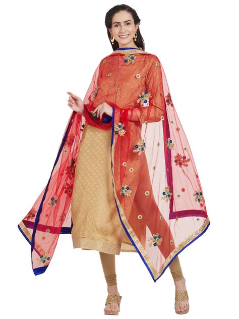 Dupatta Bazaar Woman's Red & Multicolour flower Embroidered Net Dupatta ...