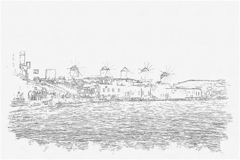 Sketch picture of panoramic view of mykonos town cyclades ...