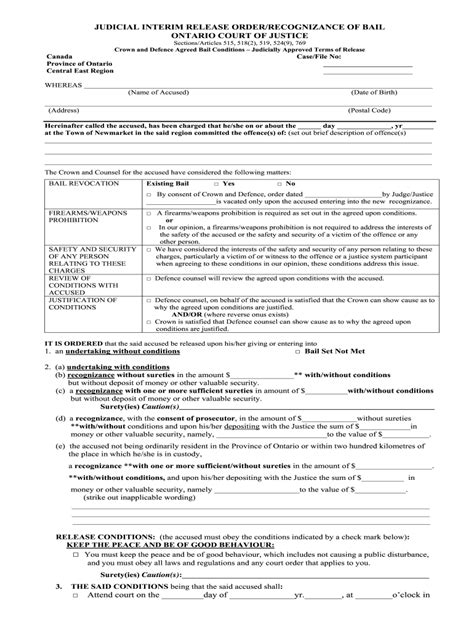 Canada Judicial Interim Release OrderRecognizance of Bail Form - Fill ...