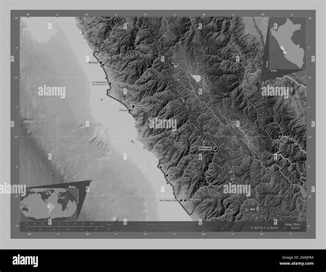 Lima, region of Peru. Grayscale elevation map with lakes and rivers. Locations and names of ...