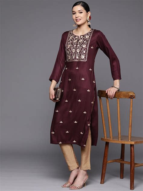 Buy Burgundy Yoke Design Wool Straight Kurta Online at Rs.395 | Libas