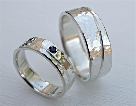 Hammered Sterling Silver Wedding Band Set: Wave Engraved Gemstone Ring ...