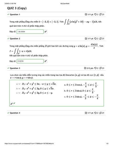 Cô Diễm Quiz 3 L19 - BÀI QUIZ - 2/28/24, 8:30 PM MyOpenMath - Studocu