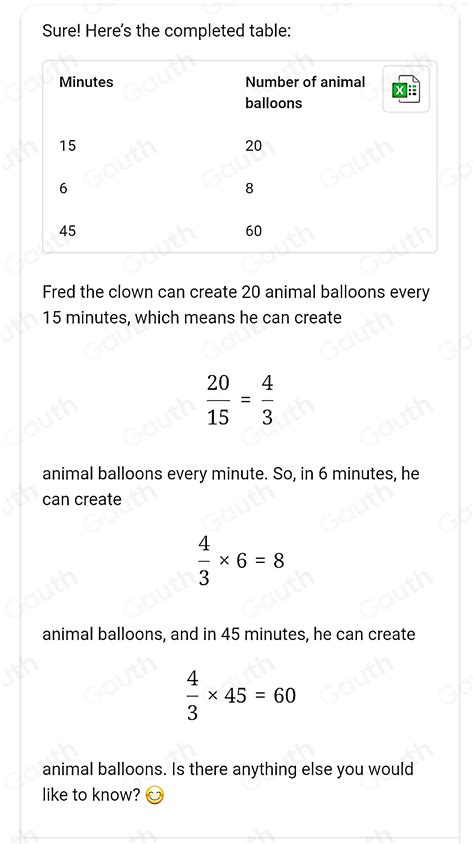 Solved: Fred the clown can create 20 animal balloons every 15 minutes ...