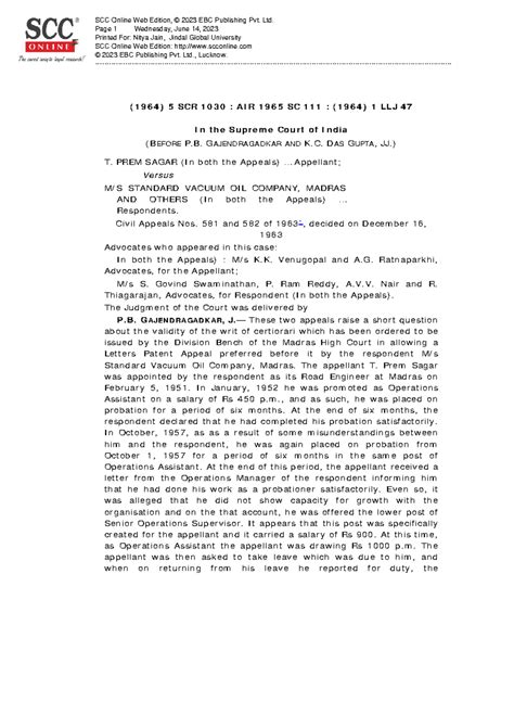 T. Prem Sagar v. Standard Vacuum Oil Co. (1964) 5 SCR 1030 - (1964) 5 ...