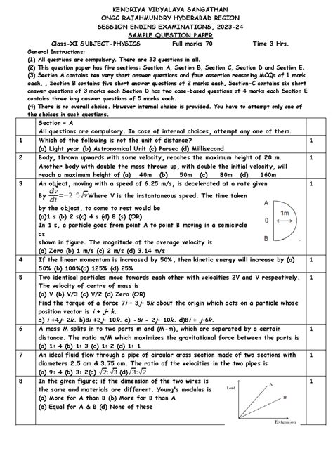 Sample Paper XI SEE Physics 2023-24 - KENDRIYA VIDYALAYA SANGATHAN ONGC ...