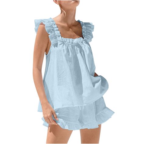 Pajama Sets for Womens Cute Summer Ruffle Trim Sleeveless Tank Top Lounge Shorts Pjs Set Y2k 2 ...