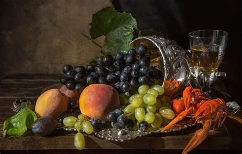 Download wallpaper glass, grapes, fruit, still life, peaches, tray ...