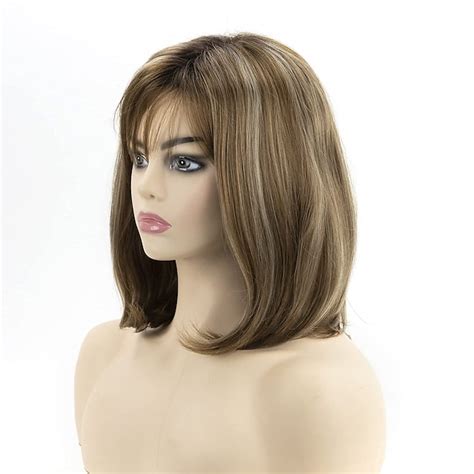 perruques brunes pour femmes perruque blonde courte avec frange racines ...