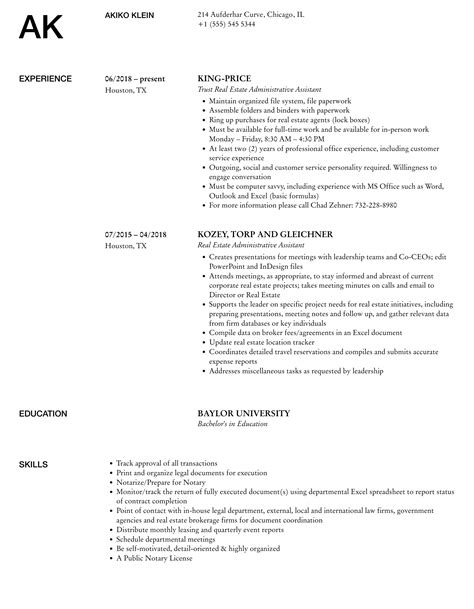 Real Estate Administrative Assistant Resume Samples | Velvet Jobs