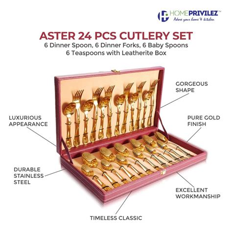 Aster (PVD gold) Stainless Steel Cutlery in Leatherite Box (24Pcs ...