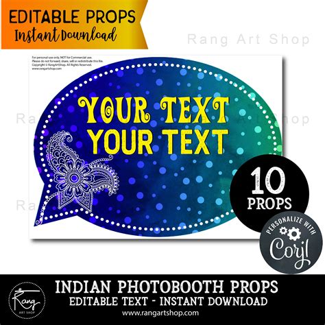 Buy Editable Bollywood Photobooth Props Set of 10- Custom Phrases ...