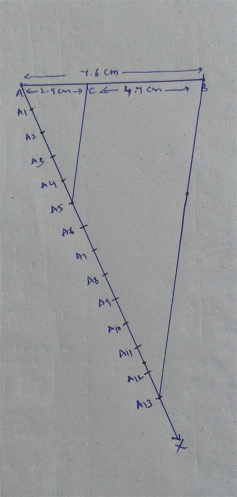 Draw a line segment of length 7.6cm and divide it in the ratio 5:8 ...