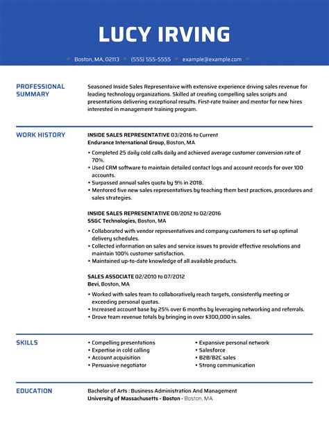 Inside Sales Representative Resume Example