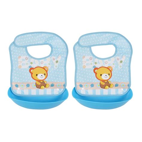 Yellow Bee Bear Easy Clean Bib with Crumb Collector, Blue - Pack of Two ...