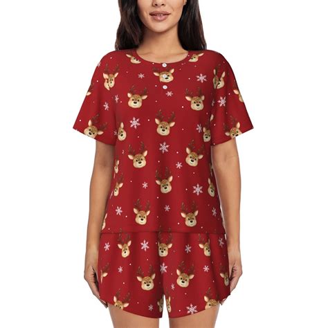 Daiia Reindeer Faces Festive Red Pattern Womens Pajama Sets Short ...