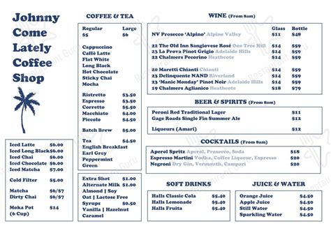 Menu at Johnny Come Lately Coffee Shop, Adelaide