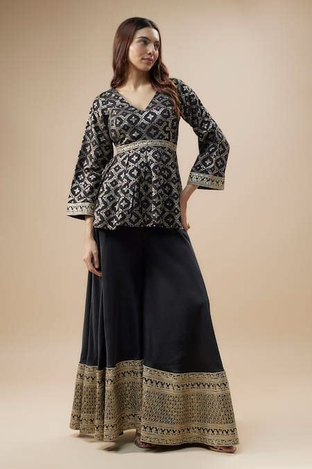Buy Black Cotton, Silk, Brocade Checkered Woven Peplum Tunic And ...