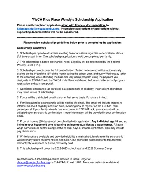 Fillable Online YWCA Kids Place Wendy's Scholarship Application Fax ...