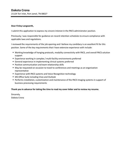 PACS Administrator Cover Letter | Velvet Jobs