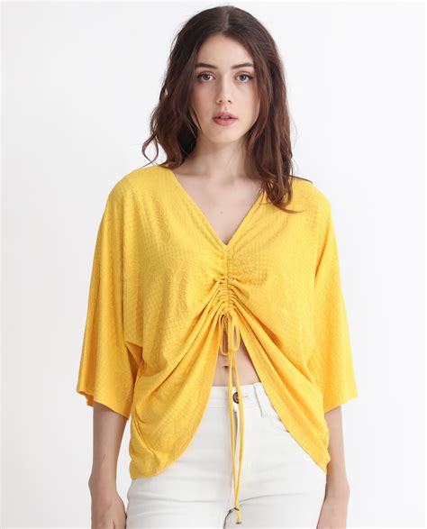 Rareism Women's Saim Yellow Polyester V-Neck Floral Print Extended Sle