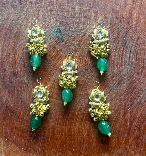 Golden Lotus Hair Accessory with Green Bead Drop & Ghungroo Cluster ...