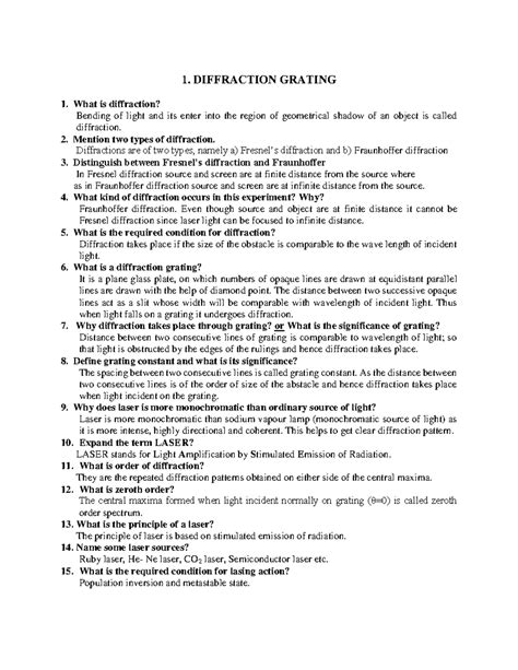 ENGINEERING PHYSICS LAB VIVA QUESTION ANSWEERS - 1. DIFFRACTION GRATING ...