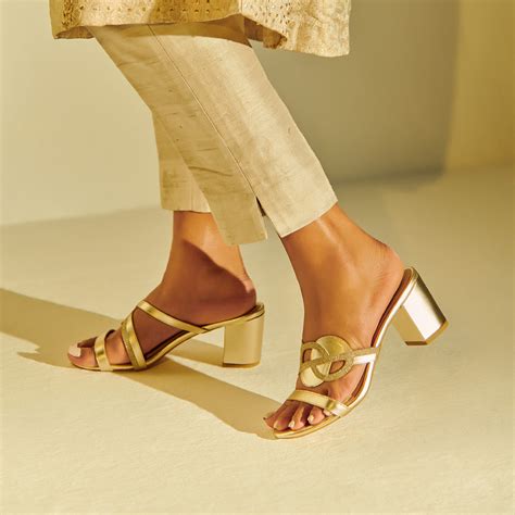 Buy Online Monir Glitter Mules - Handcrafted Gold Leather Mid Heels in ...