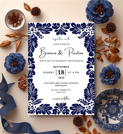 Blue Mexican Wedding Invitation, Blue Talavera Tile Invite, Editable ...