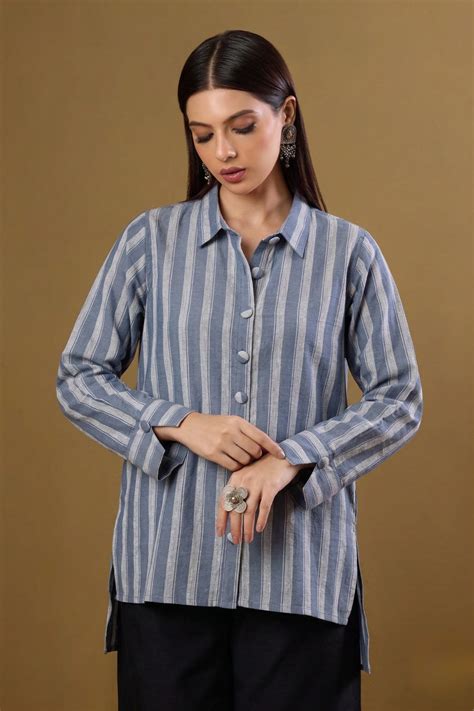 Nautical Blue Bands High Low Hem Cotton Shirt - maati crafts
