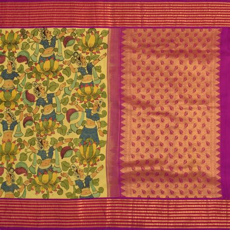 Lemon Yellow Pen Kalamkari Silk Saree