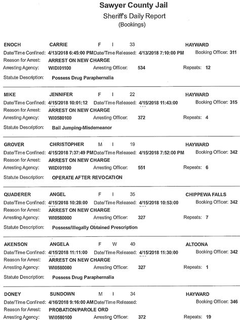 Sawyer County Jail Bookings from 4/13 to 4/19 | Recent News ...