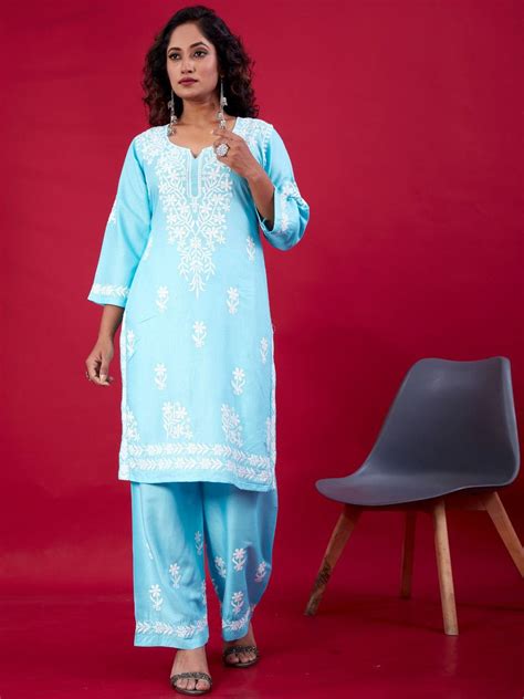 Blue Lucknowi Chikankari Suit With Palazzos – Namaste Ethnic