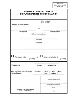 Fillable Online cwao org CERTIFICATE OF OUTCOME OF DISPUTE REFERRED TO ...
