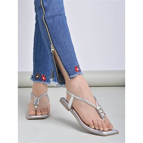 Buy Shoetopia Embellishment Gemstones Jewels Detailed Silver Flat T ...