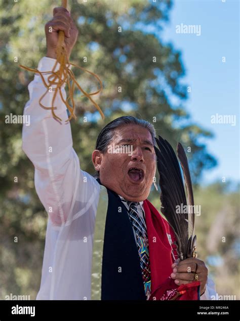 Adult native american elder with traditional regalia at the annual ...