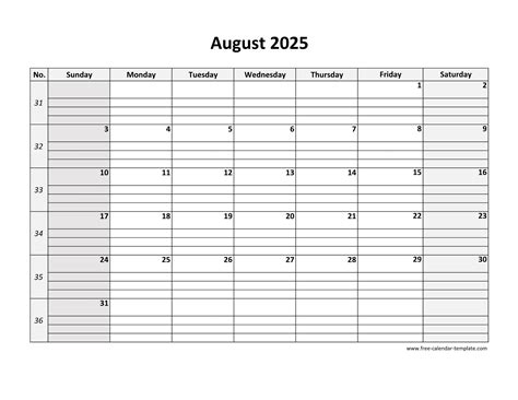 August 2025 Calendar Free Printable with grid lines designed ...