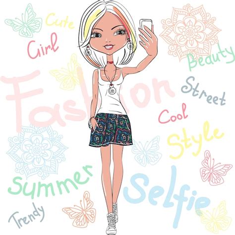 Linda garota vetorial faz selfie | Vetor Premium