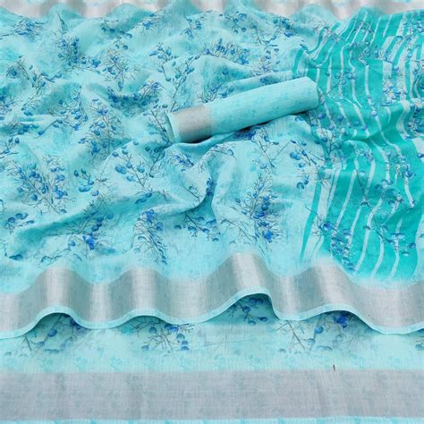 Sky Blue Printed Linen Cotton Saree