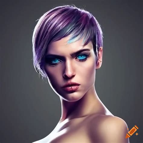 Portrait of a 30 year old caucasian woman with short hair and ...