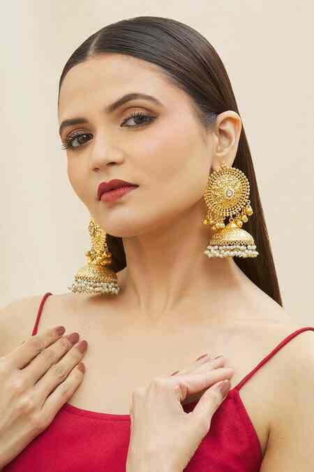 Buy Gold Plated Ghunrgoo And Pearl Carved Jhumkis by The Bling Girll ...