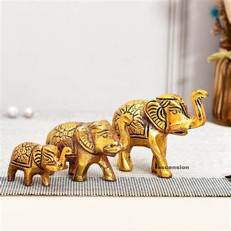 Buy Ascension Set of 3 Metal Trunk Up Elephant Family Statue Showpiece ...