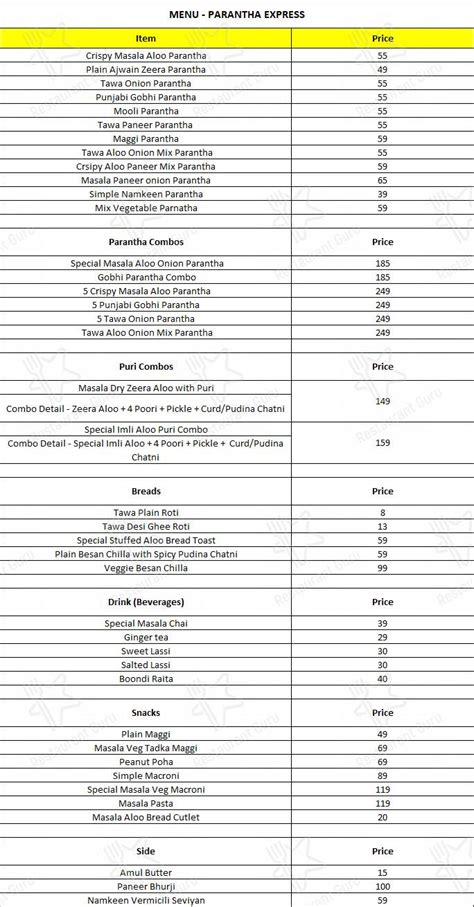 Menu at Parantha Express, Jalandhar