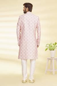 Buy Pink Silk, Satin, Cotton Embroidery Floral Print Sherwani Set For ...